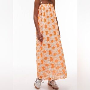 Topshop eyelet strappy midi dress in orange floral
